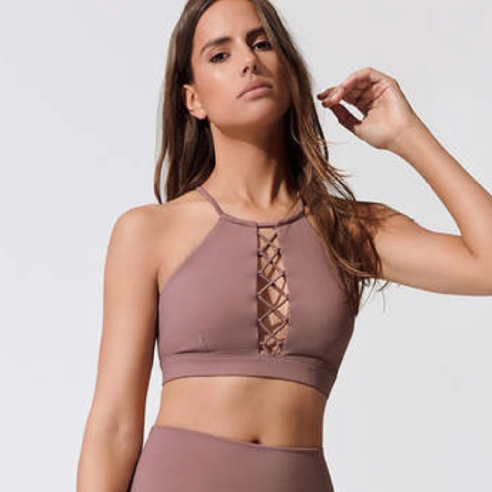 Alo Yoga Starlet Lace Up High Neck Sports Bra in Smoky Quartz Size Small